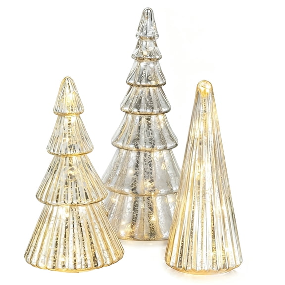 Nuptio Mercury Glass Christmas Tree, Christmas Tree Table Centerpieces Set of 3 (Silver)