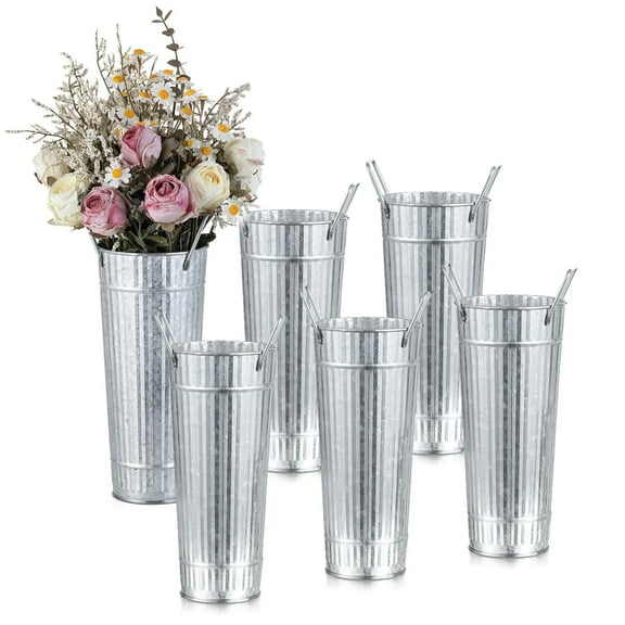 Nuptio 10.2 Inch Galvanized Flower Bucket - Farmhouse Flower Buckets for Flower Bar with Handles Metal Flower Vase for Home & Garden Table Centerpiece Decor，6pcs