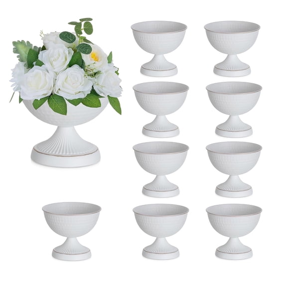Nuptio 10pcs White Vases for Wedding Centerpiece -Gold Metal Vase Compote Bowl Vase for Tables （6in White）