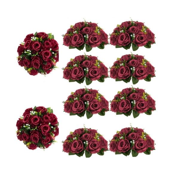 Nuptio Set of 10 Burgundy White Artificial Flower Kissing ball, 15 Heads Fake Peony Silk Rose Flowers Bouquet for Centerpiece Wedding Birthday Party Home Table Decor