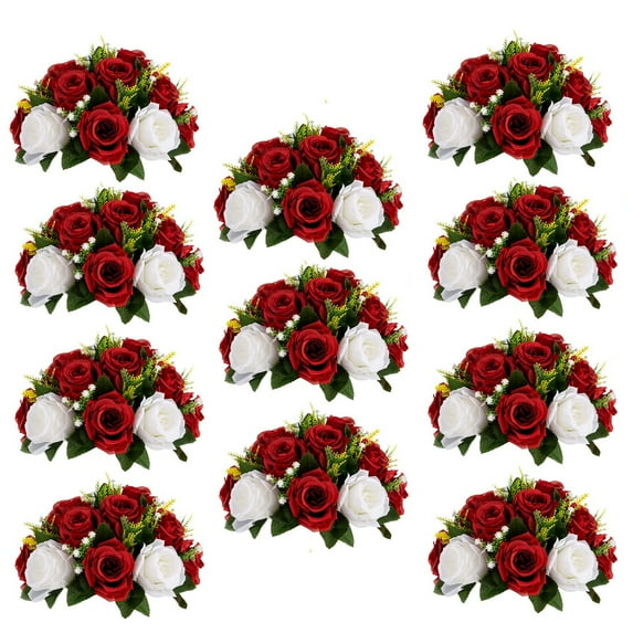 Nuptio Set of 10 Crimson White Artificial Flower Kissing ball, 15 Heads Fake Peony Silk Rose Flowers Bouquet for Centerpiece Wedding Birthday Party Home Table Decor