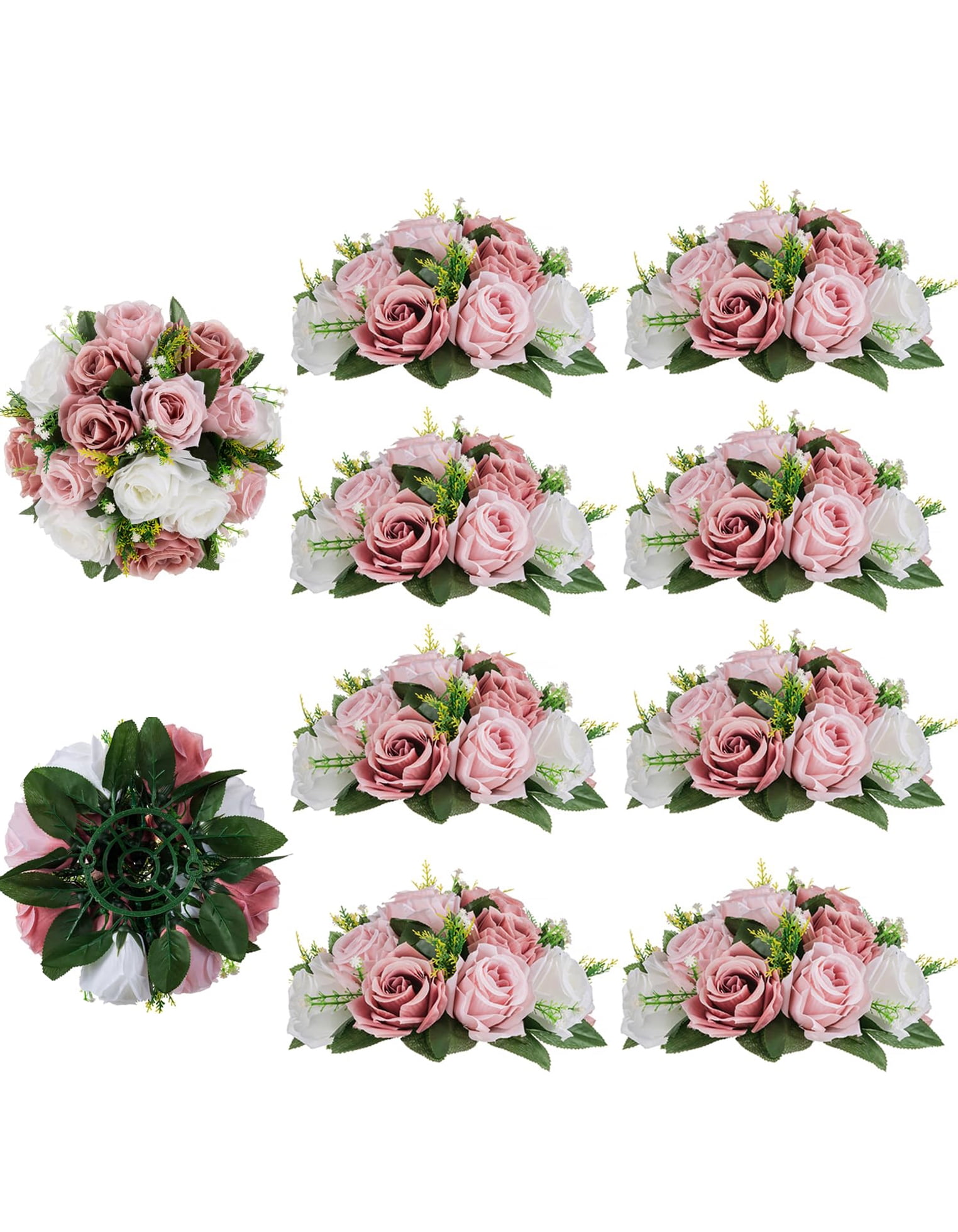 Nuptio Set of 10 Dusty Pink Rose Artificial Flower Kissing ball, 15 Heads Fake Peony Silk Flowers Bouquet for Centerpiece Wedding Birthday Party Home Table Decor