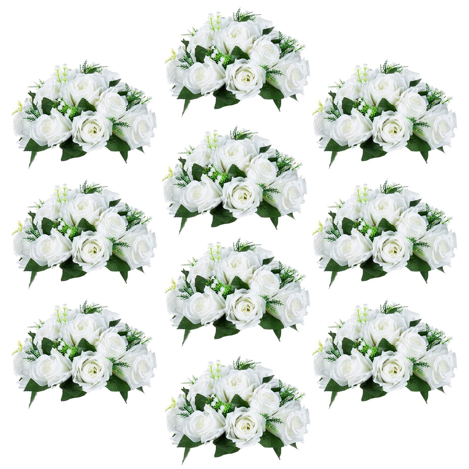 White Silk and Plastic Rose Flower Balls for Table Centerpieces, Set of 10