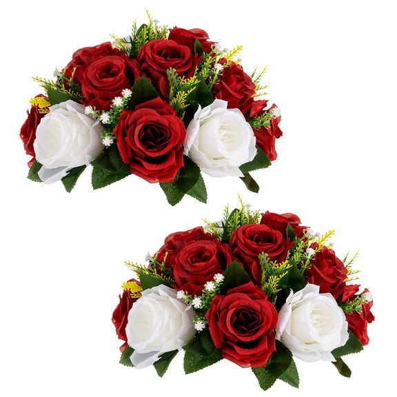 Nuptio Set of 2 Crimson White Artificial Flower Kissing ball, 15 Heads Fake Peony Silk Rose Flowers Bouquet for Centerpiece Wedding Birthday Party Home Table Decor