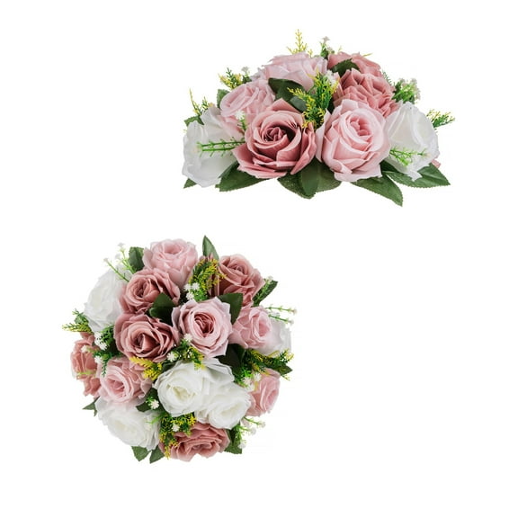 Nuptio Set of 2 Dusty Pink Rose Artificial Flower Kissing ball, 15 Heads Fake Peony Silk Flowers Bouquet for Centerpiece Wedding Birthday Party Home Table Decor
