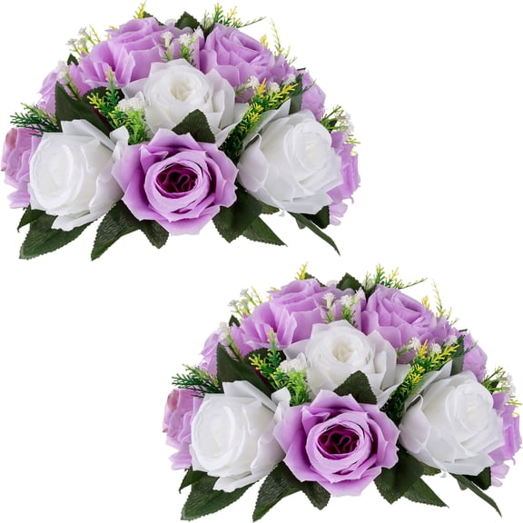 Nuptio Set of 2 Lilac&White Artificial Flower Kissing ball, 15 Heads Fake Peony Silk Rose Flowers Bouquet for Centerpiece Wedding Birthday Party Home Table Decor