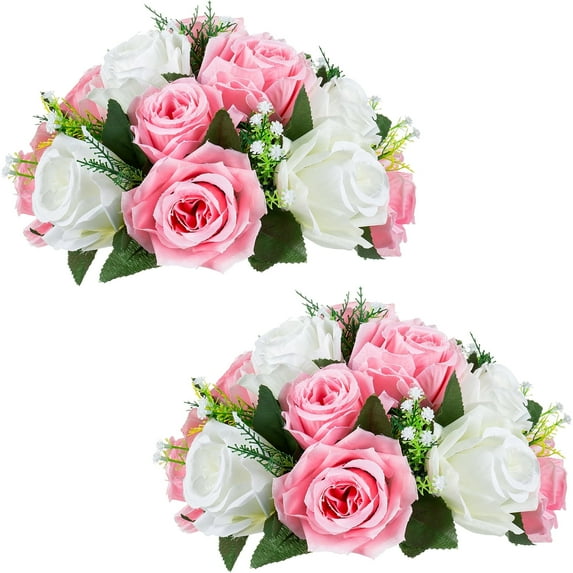 Nuptio Set of 2 Pink&White Rose Artificial Flower Kissing ball, 15 Heads Fake Peony Silk Rose Flowers Bouquet for Centerpiece Wedding Birthday Party Home Table Decor