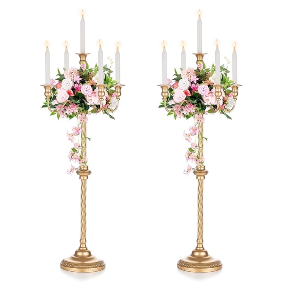 Nuptio 35 inch Tall Gold Candelabra Candle Holders Centerpieces for Tables,5 Arm Gold Floor Candle stick Holder ,Set of 2