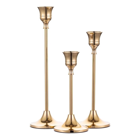Nuptio Set of 3 Candlestick Holders Taper Candle Holders, Brass Gold Candlestick Holder Set, Vintage Modern Decorative Centerpiece for Table Mantel Wedding Housewarming Gift
