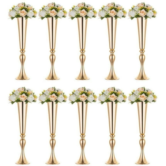 NUPTIO Tall Gold Vase for Wedding Table Centerpiece: 10 Pcs 22"  Flower Trumpet Vases Metal Stand for Golden Weddings Table Centerpieces Birthday Event Decorations