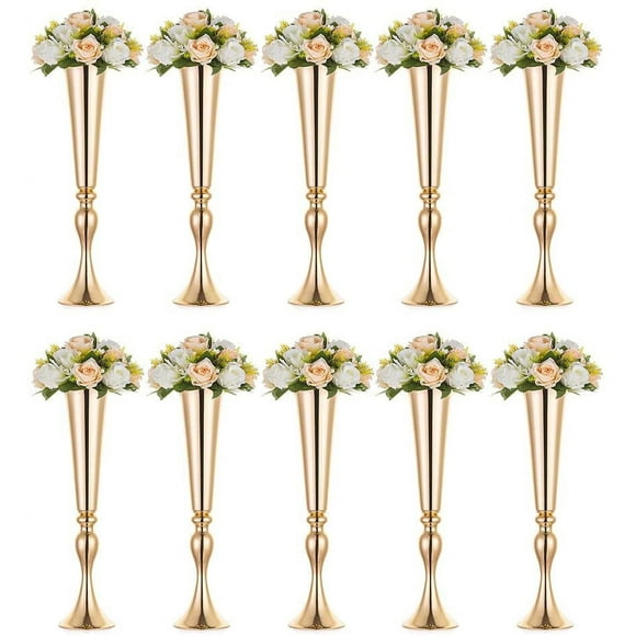 NUPTIO Tall Gold Vase for Wedding Table Centerpiece: 10 Pcs 22"  Flower Trumpet Vases Metal Stand for Golden Weddings Table Centerpieces Birthday Event Decorations