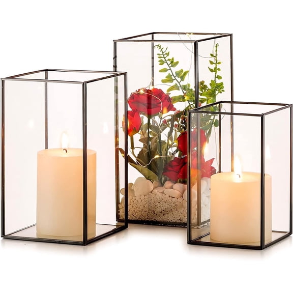 Nuptio Glass Hurricane Candle Holder for Pillar Candles, Black Lantern Centerpieces for Table Decor Centerpiece ,Set of 3