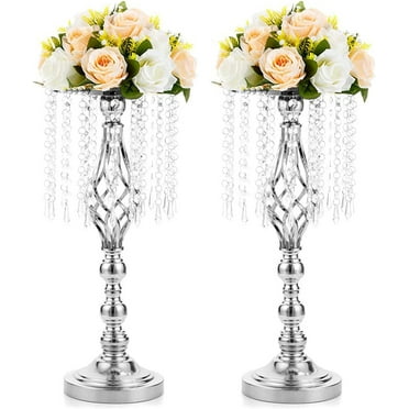 Nuptio 19.3in/49cm Tall Crystal Silver Wedding Centerpiece Table Vase Decor， Elegant Flower Stand Table Floor Decoration for Birthday Party Event Wedding Reception 2pcs