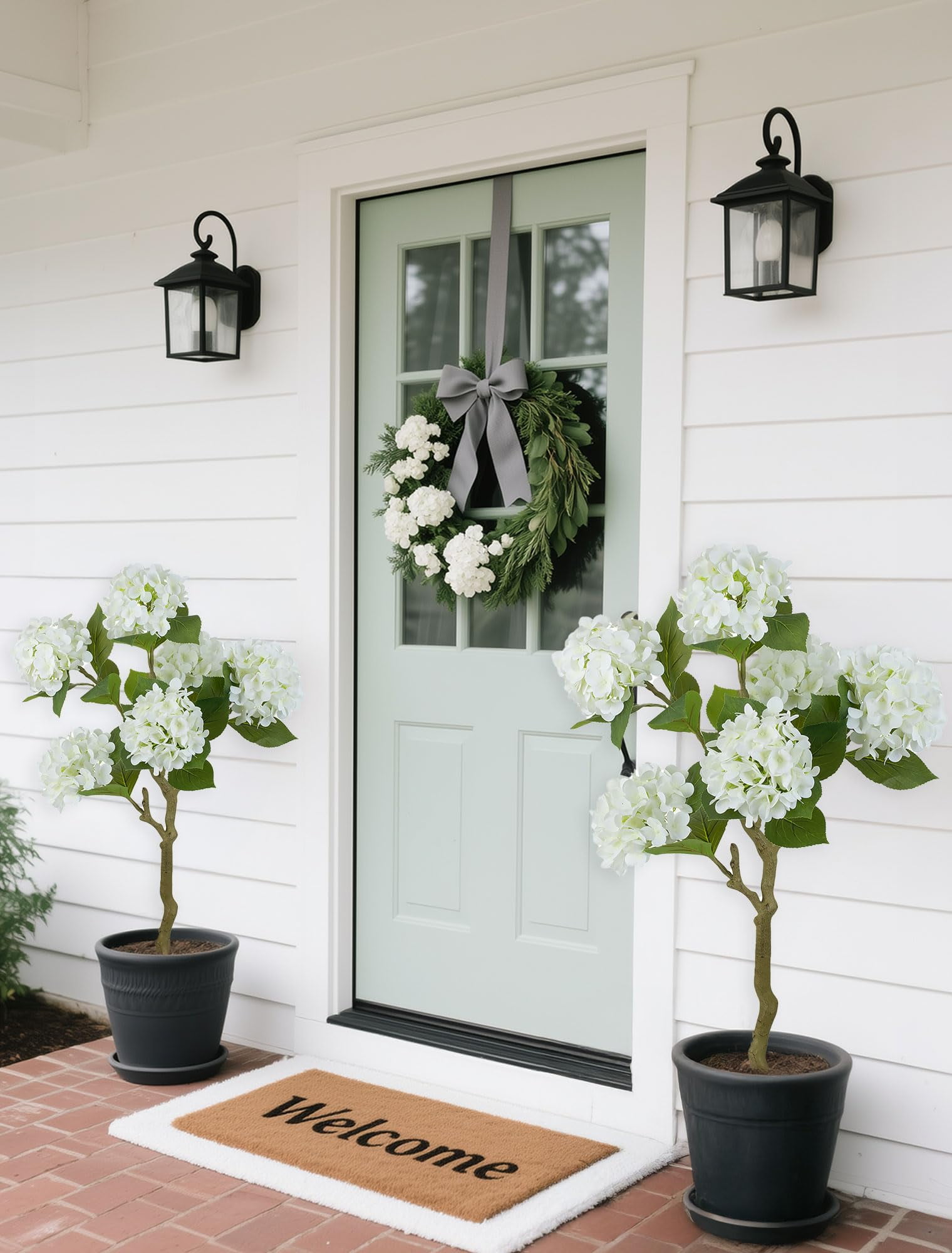 Nuptio 2 Pack Artificial Hydrangea Tree,  Faux Flower Plants for Floor Indoor Outdoor Front Porch Patio Entrance Decor 39"