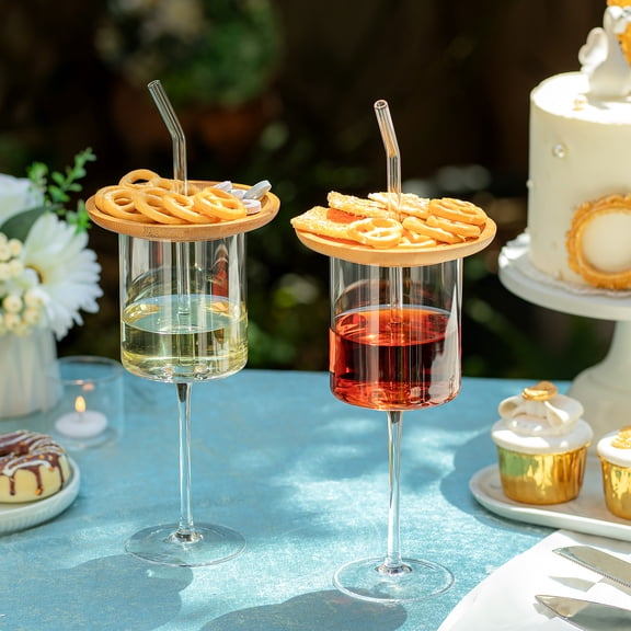 Nuptio Wine Glasses with Charcuterie Toppers -2PCS Wine Glasses Set with Straw and 2 Hole Bamboo Appetizer Plates for Bars Party Housewarming Gift