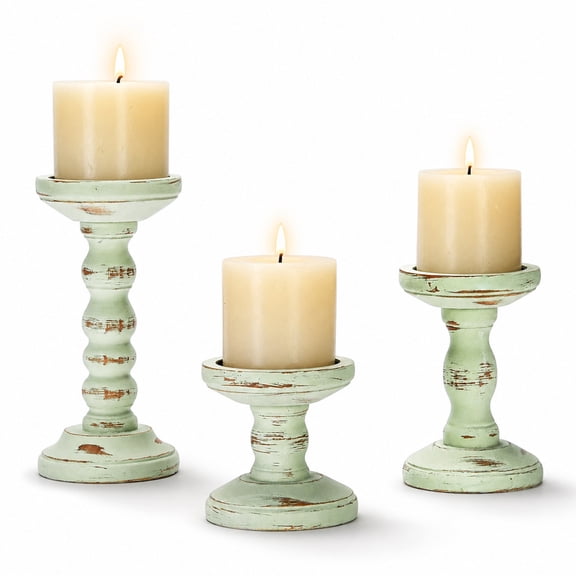 Nuptio Wood Candle Holders for Pillar: Rustic Candles Holder Set of 3 Table Centerpiece Decor Wooden Sage Green Farmhouse Decorations for Fireplace Mantle
