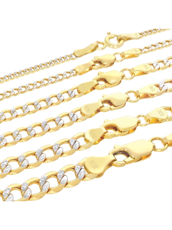 10K Real Yellow Gold Cuban Diamond Cut Pave Curb Link Chain Necklace 16"-30" (2mm-6.5mm) Italian Jewelry for Men & Women