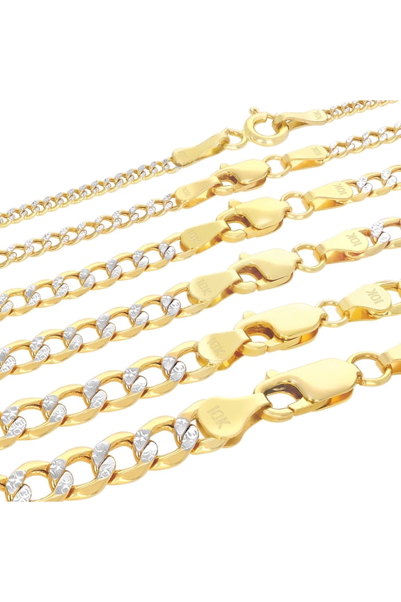 10K Real Yellow Gold Cuban Diamond Cut Pave Curb Link Chain Necklace 16"-30" (2mm-6.5mm) Italian Jewelry for Men & Women