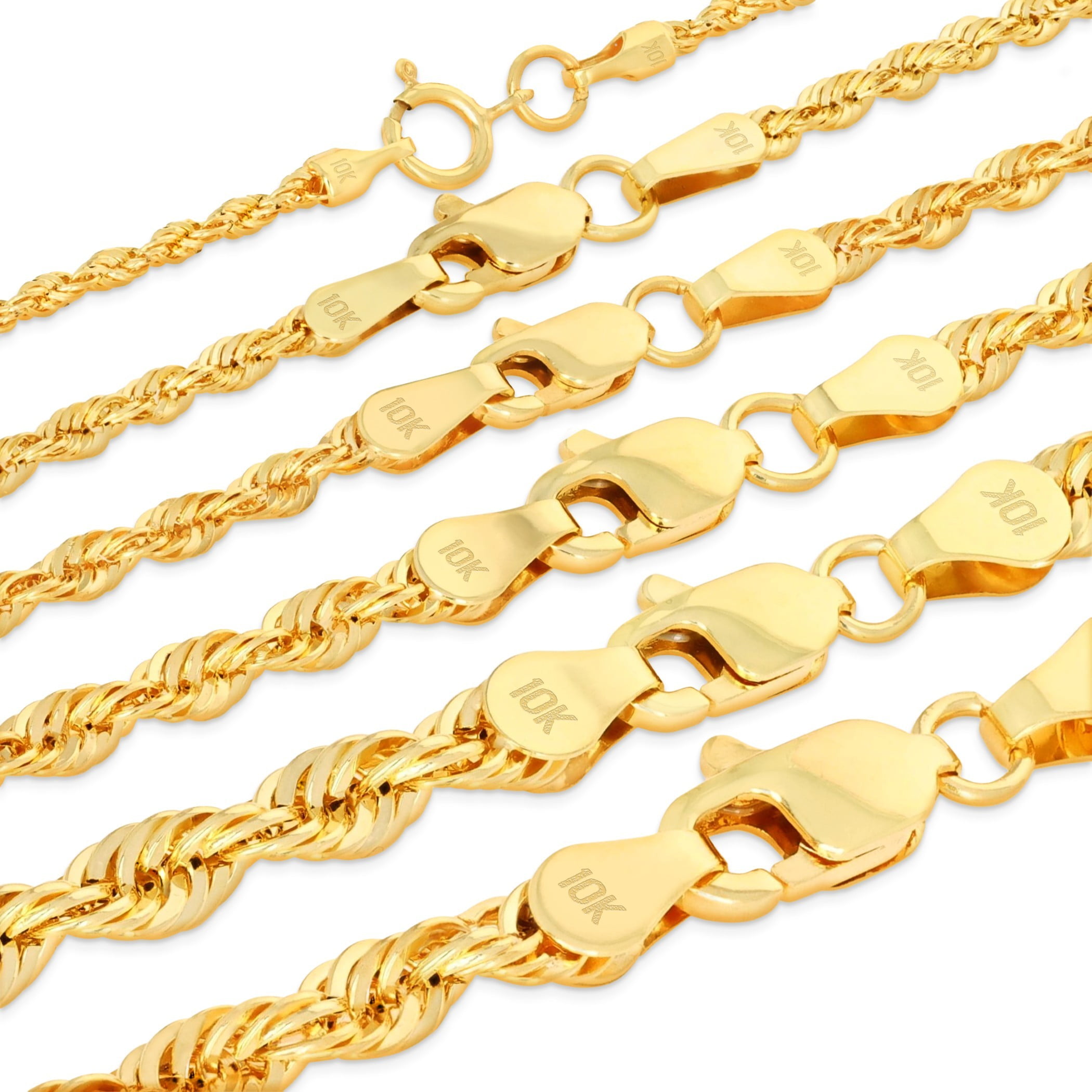 Nuragold 10K Real Yellow Gold Rope Diamond Cut Chain Lightweight Necklace 14"-30" (1.5mm-4mm) Italian Jewelry for Men & Women