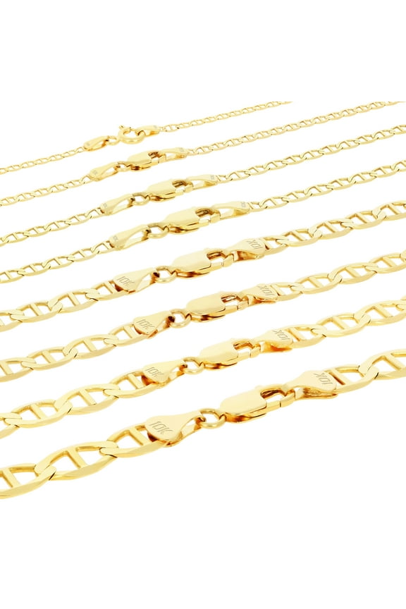 10K Real Yellow Gold Solid Mariner Chain Anchor Link Necklace 16"-30" (2mm-9mm) Italian Jewelry for Men & Women