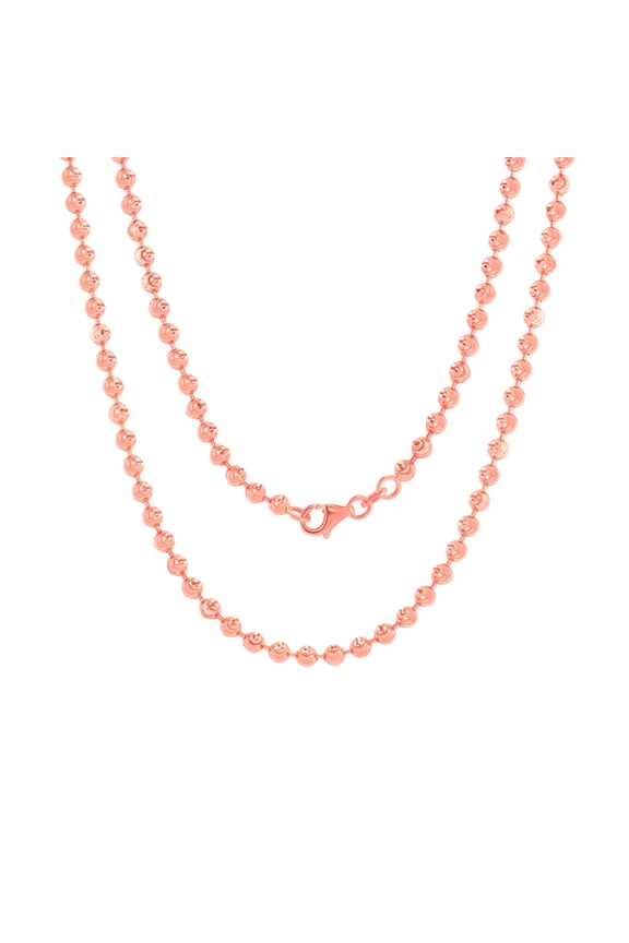 10k Real Rose Gold Solid Ball 3mm Moon Diamond Cut Bead Dog Tag Necklace (16"-30") Italian Jewelry for Men