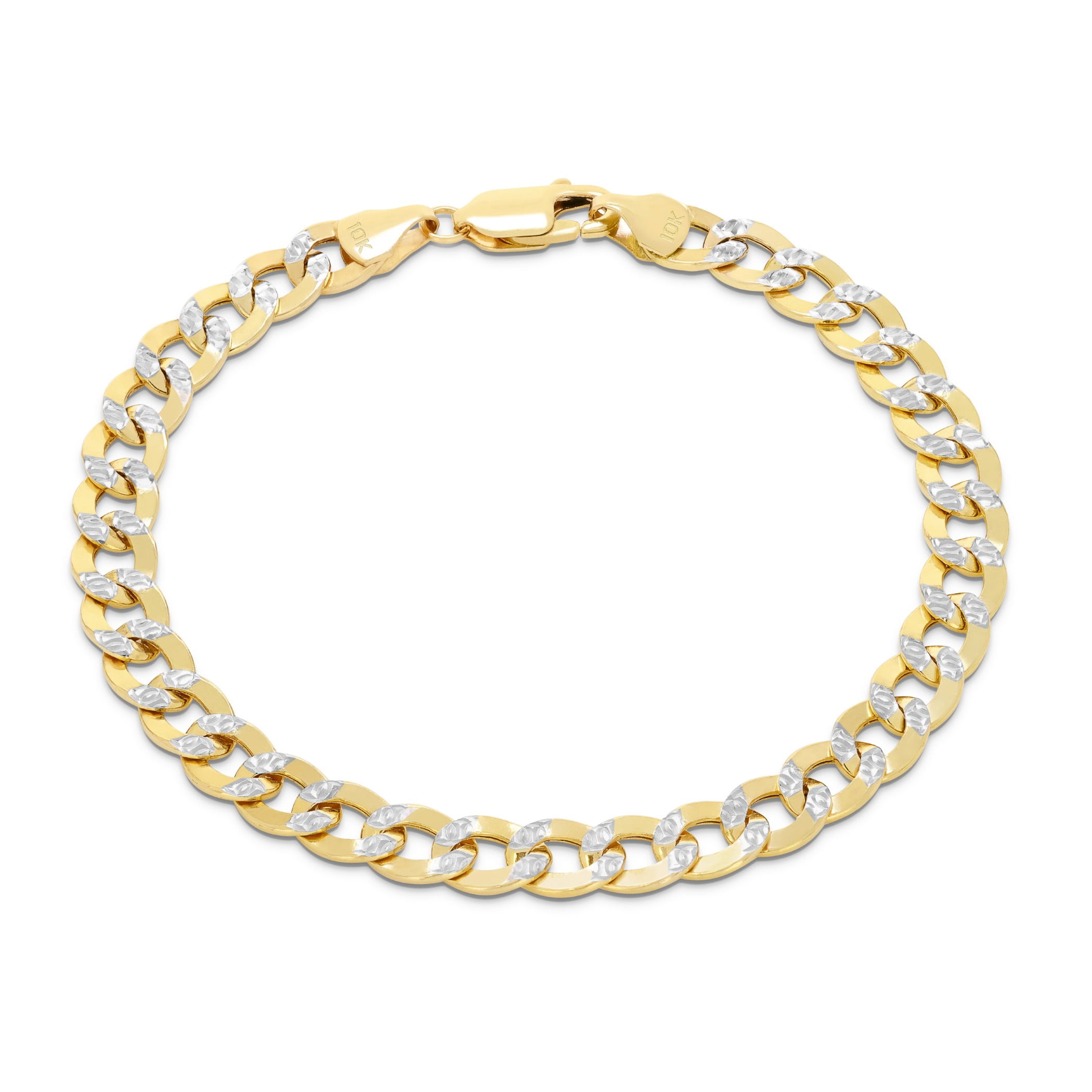 Nuragold 10k Real Yellow Gold Cuban Curb Link 6.5mm Diamond Cut Pave Chain Bracelet (7"-9") Two Tone Italian Jewelry for Men