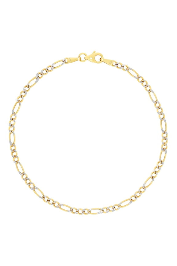 10k Real Yellow Gold Figaro Link 2.5mm Diamond Cut Two Tone Pave Chain Bracelet or Anklet (7"-9") Italian Jewelry for Men & Women