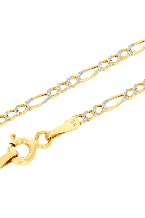 10k Real Yellow Gold Figaro Link 2mm Diamond Cut Two Tone Pave Chain Necklace (16"-24") Italian Jewelry for Men & Women