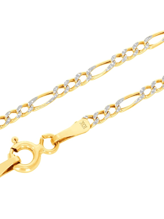 10k Real Yellow Gold Figaro Link 2mm Diamond Cut Two Tone Pave Chain Necklace (16"-24") Italian Jewelry for Men & Women
