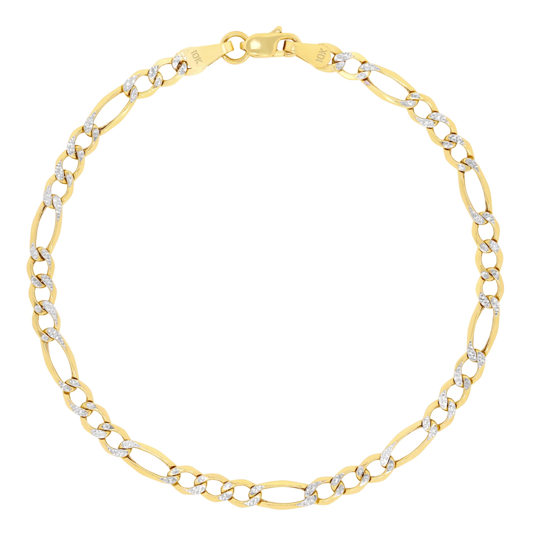 Nuragold 10k Real Yellow Gold Figaro Link 3.5mm Diamond Cut Two Tone Pave Chain Bracelet (7"-9") Italian Jewelry for Men & Women