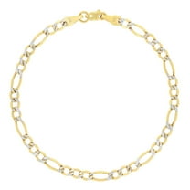 Nuragold 10k Real Yellow Gold Figaro Link 3.5mm Diamond Cut Two Tone Pave Chain Bracelet (7"-9") Italian Jewelry for Men & Women