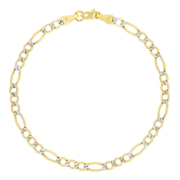 Nuragold 10k Real Yellow Gold Figaro Link 3.5mm Diamond Cut Two Tone Pave Chain Bracelet (7"-9") Italian Jewelry for Men & Women