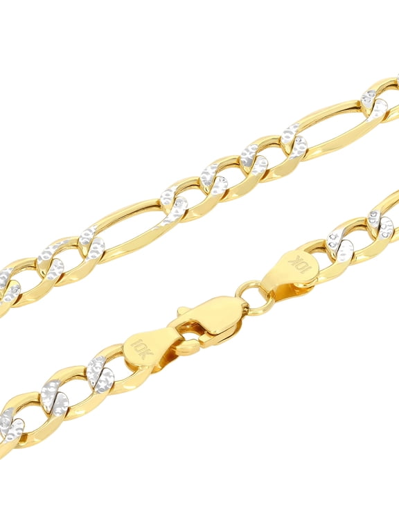 10k Real Yellow Gold Figaro Link 4.5mm Diamond Cut Two Tone Pave Chain Necklace (16"-30") Italian Jewelry for Men & Women