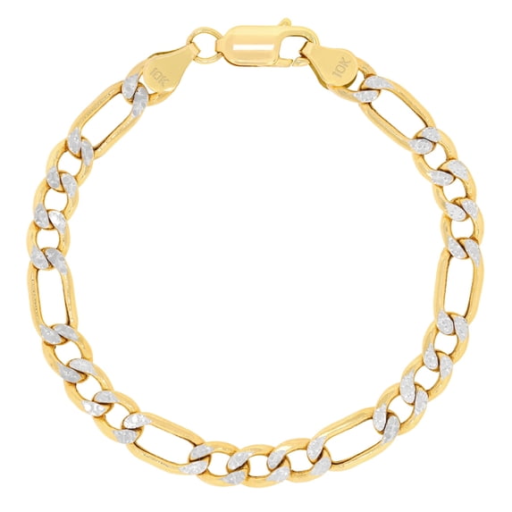 Nuragold 10k Real Yellow Gold Figaro Link 6.5mm Diamond Cut Two Tone Pave Chain Bracelet (8"-9") Italian Jewelry for Men