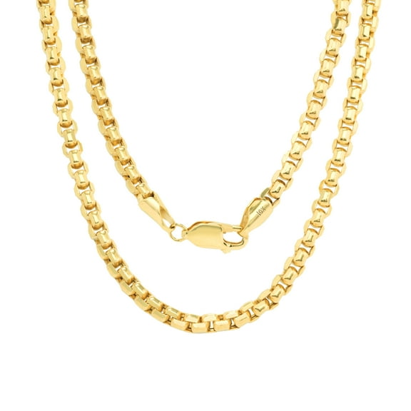 Nuragold 10k Real Yellow Gold Round Box 3.5mm Venetian LInk Chain Necklace (16"-30") Italian Jewelry for Men & Women