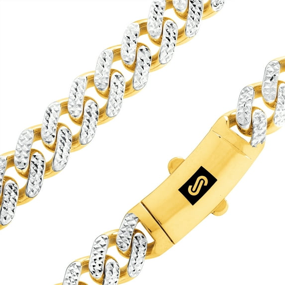Nuragold 10k Real Yellow Gold Royal Monaco 11mm Miami Cuban Diamond Cut Pave Link Necklace (18"-30") Two Tone Italian Jewelry for Men