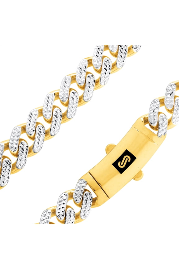 10k Real Yellow Gold Royal Monaco 11mm Miami Cuban Diamond Cut Pave Link Necklace (18"-30") Two Tone Italian Jewelry for Men