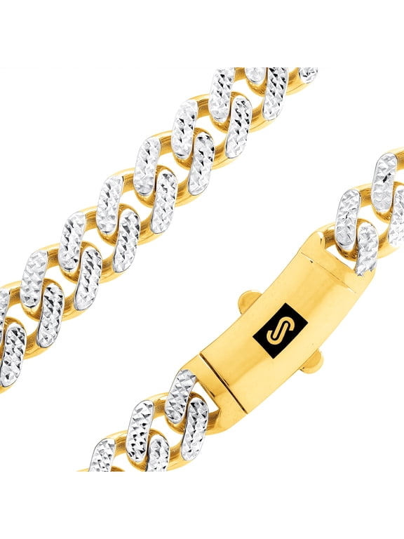 10k Real Yellow Gold Royal Monaco 11mm Miami Cuban Diamond Cut Pave Link Necklace (18"-30") Two Tone Italian Jewelry for Men
