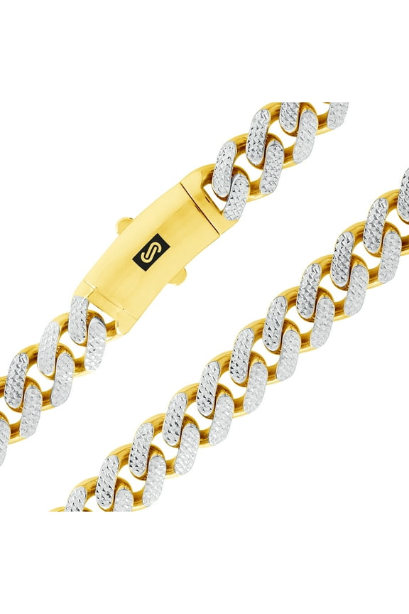 10k Real Yellow Gold Royal Monaco 13mm Miami Cuban Diamond Cut Pave Link Necklace (20"-30") Two Tone Italian Jewelry for Men