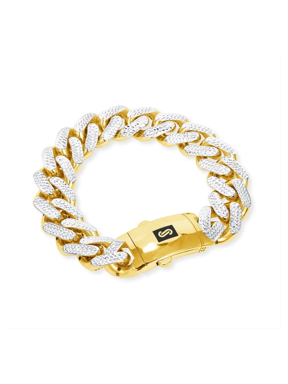 10k Real Yellow Gold Royal Monaco 17mm Miami Cuban Diamond Cut Pave Link Bracelet (8"-9") Two Tone Italian Jewelry for Men
