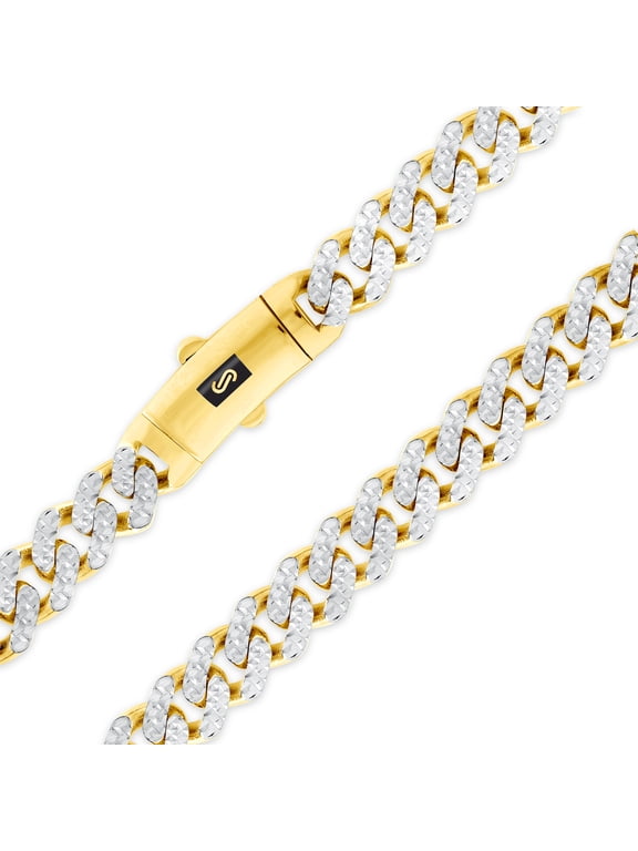 10k Real Yellow Gold Royal Monaco 7.5mm Miami Cuban Diamond Cut Pave Link Necklace (18"-30") Two Tone Italian Jewelry for Men