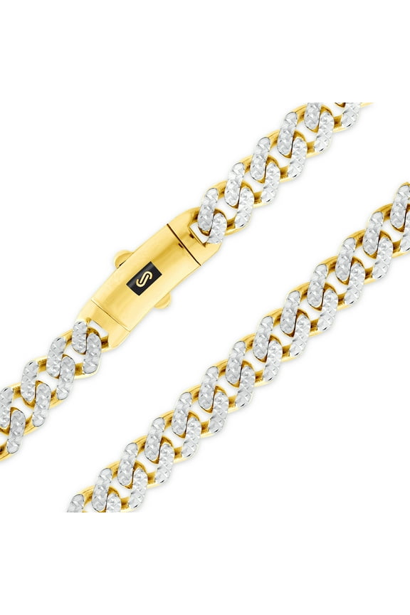 10k Real Yellow Gold Royal Monaco 7.5mm Miami Cuban Diamond Cut Pave Link Necklace (18"-30") Two Tone Italian Jewelry for Men