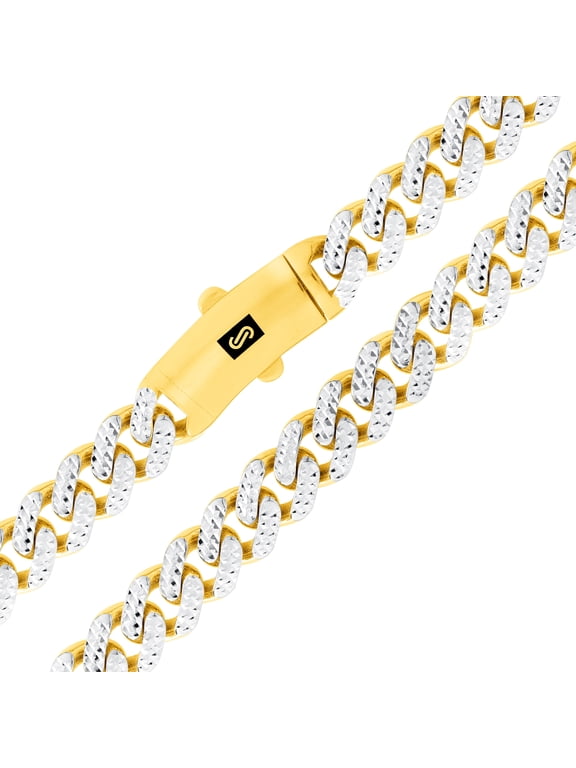 10k Real Yellow Gold Royal Monaco 9mm Miami Cuban Diamond Cut Pave Link Necklace (18"-30") Two Tone Italian Jewelry for Men