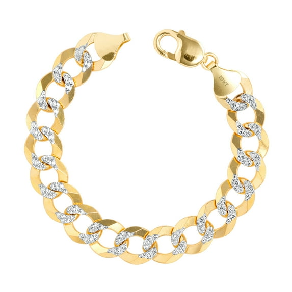 Nuragold 10k Real Yellow Gold Solid Cuban Curb Link 12.5mm Diamond Cut Pave Chain Bracelet (8"-9") Two Tone Italian Jewelry for Men