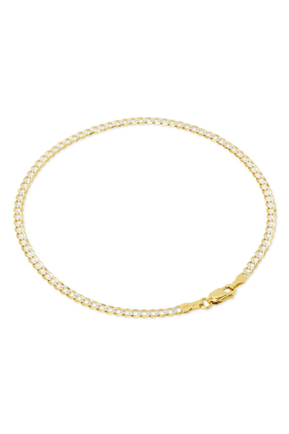 10k Real Yellow Gold Solid Cuban Curb Link 2.5mm Diamond Cut Pave Chain Bracelet or Anklet (7"-9") Two Tone Italian Jewelry for Men & Women