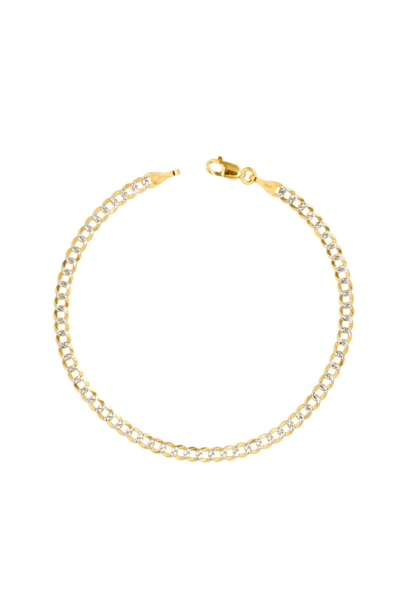 10k Real Yellow Gold Solid Cuban Curb Link 3mm Diamond Cut Pave Chain Bracelet (7"-9") Two Tone Italian Jewelry for Men & Women