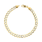 NURAGOLD 10k Real Yellow Gold Solid Cuban Curb Link 6mm Diamond Cut Pave Chain Bracelet (7"-9") Two Tone Italian Jewelry for Men