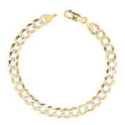Nuragold 10k Real Yellow Gold Solid Cuban Curb Link 7mm Diamond Cut Pave Chain Bracelet 8"-9" Two Tone Italian Jewelry for Men