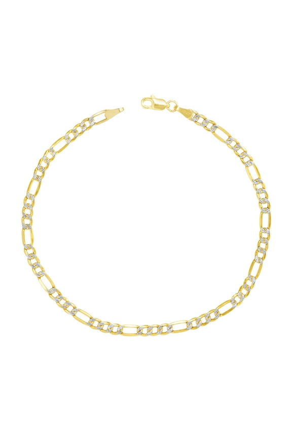 10k Real Yellow Gold Solid Figaro Link 4mm Diamond Cut Pave Chain Bracelet (7"-9") Two Tone Italian Jewelry for Men & Women