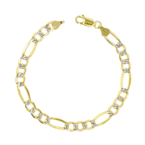Nuragold 10k Real Yellow Gold Solid Figaro Link 7.5mm Diamond Cut Pave Chain Bracelet (7"-9") Two Tone Italian Jewelry for Men